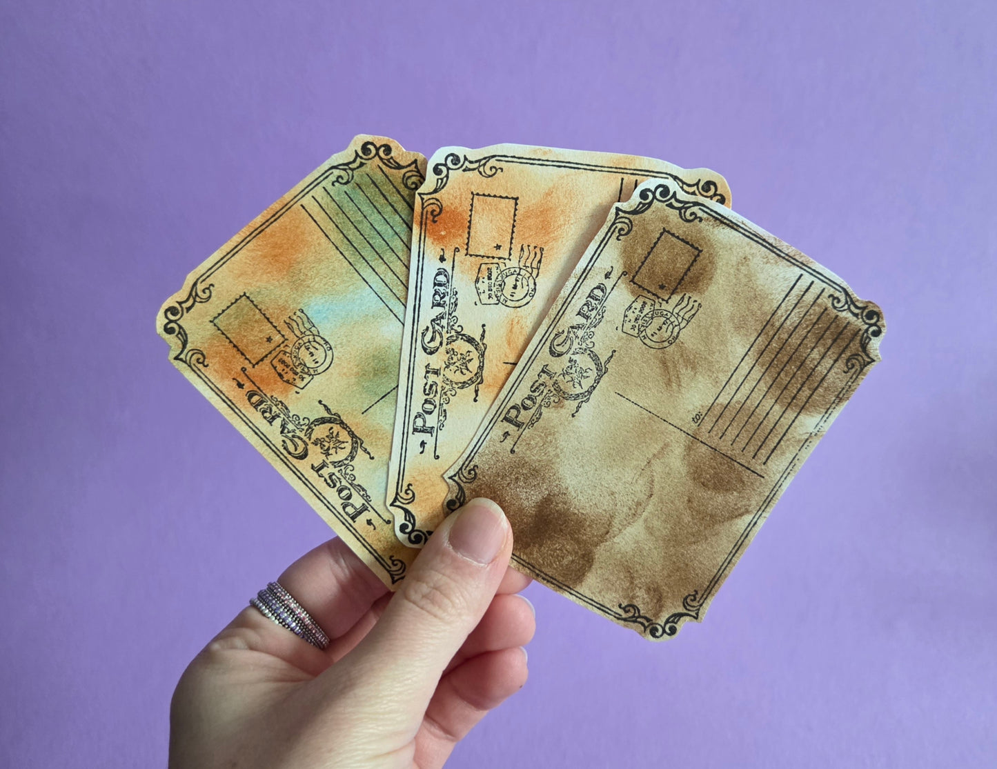 Vintage Style Handmade Mini Postcards Set of 3 | Brown Orange Blue Ephemera | Junk Journal Scrapbooking Supplies - Set 3