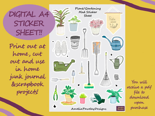 Plant Gardening Mad A4 Digital Sticker Sheet, Printable Ephemera, Digital download, Scrapbooking stickers, Junk journal digital stickers