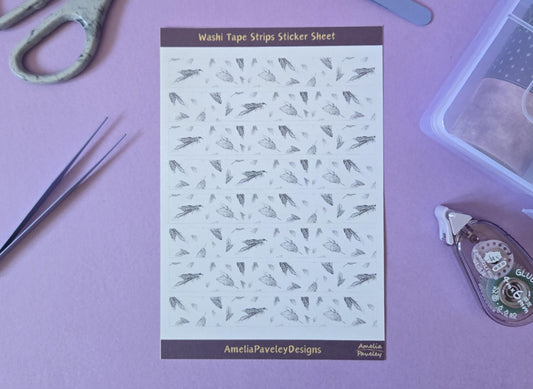 Feathers Dreamy Washi Tape Pattern Strips Sticker Sheet, Feather pattern, junk journal stickers, ethereal journal