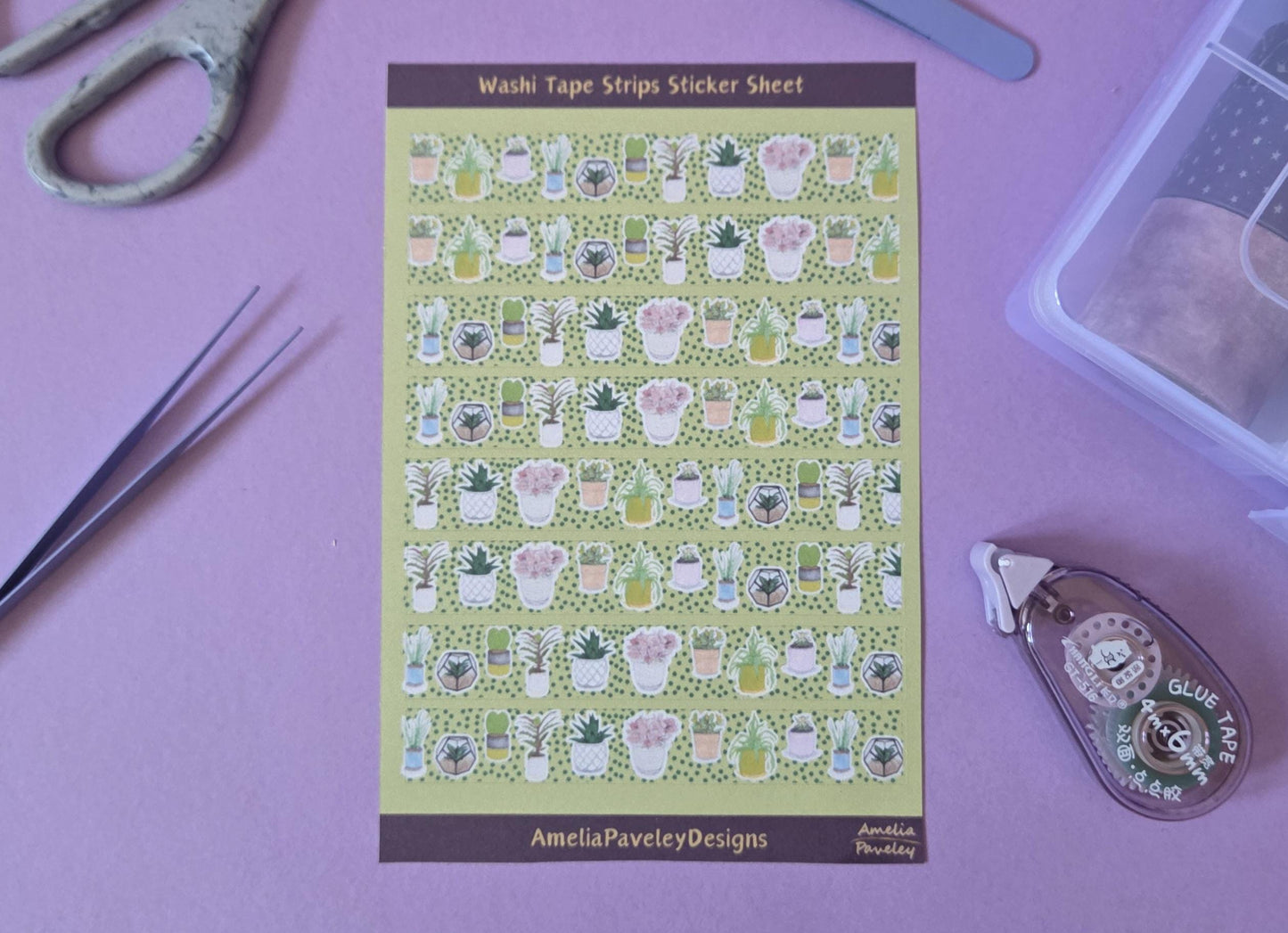 Plant Pattern Washi Tape Strips, Sticker Sheet, Tiny Potted Plants, House Plant Washi, Plant Lover, Journaling Craft Tape, Paper Tape