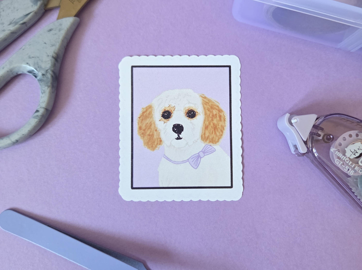 Cute Dog Stamp Sticker – Cavalier Puppy Illustration Sticker, Pastel Cavapoo Vinyl Decal, Aesthetic Pet Lover Gift, Dog Art Laptop Sticker