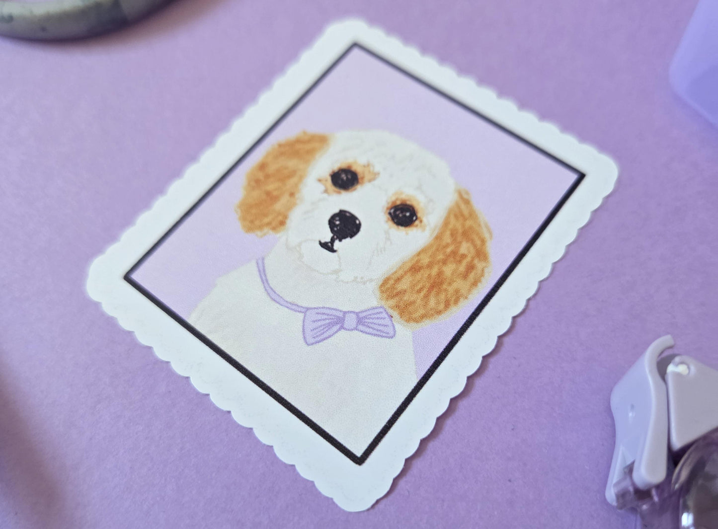 Cute Dog Stamp Sticker – Cavalier Puppy Illustration Sticker, Pastel Cavapoo Vinyl Decal, Aesthetic Pet Lover Gift, Dog Art Laptop Sticker
