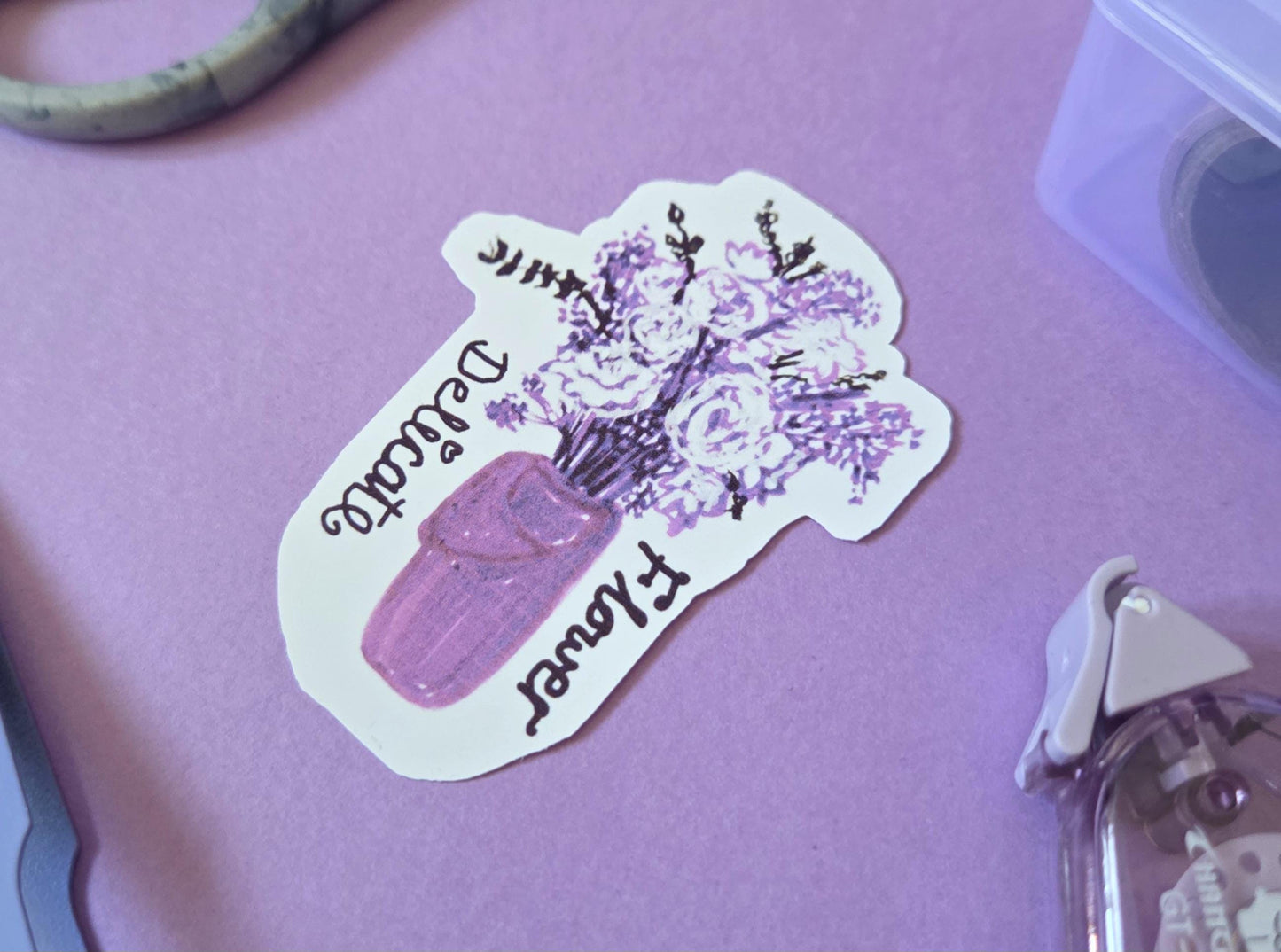 Delicate Flower Die Cut Sticker – Purple Floral Bouquet Vinyl Sticker, Aesthetic Botanical Waterproof Sticker for Journals, Laptops, Phones