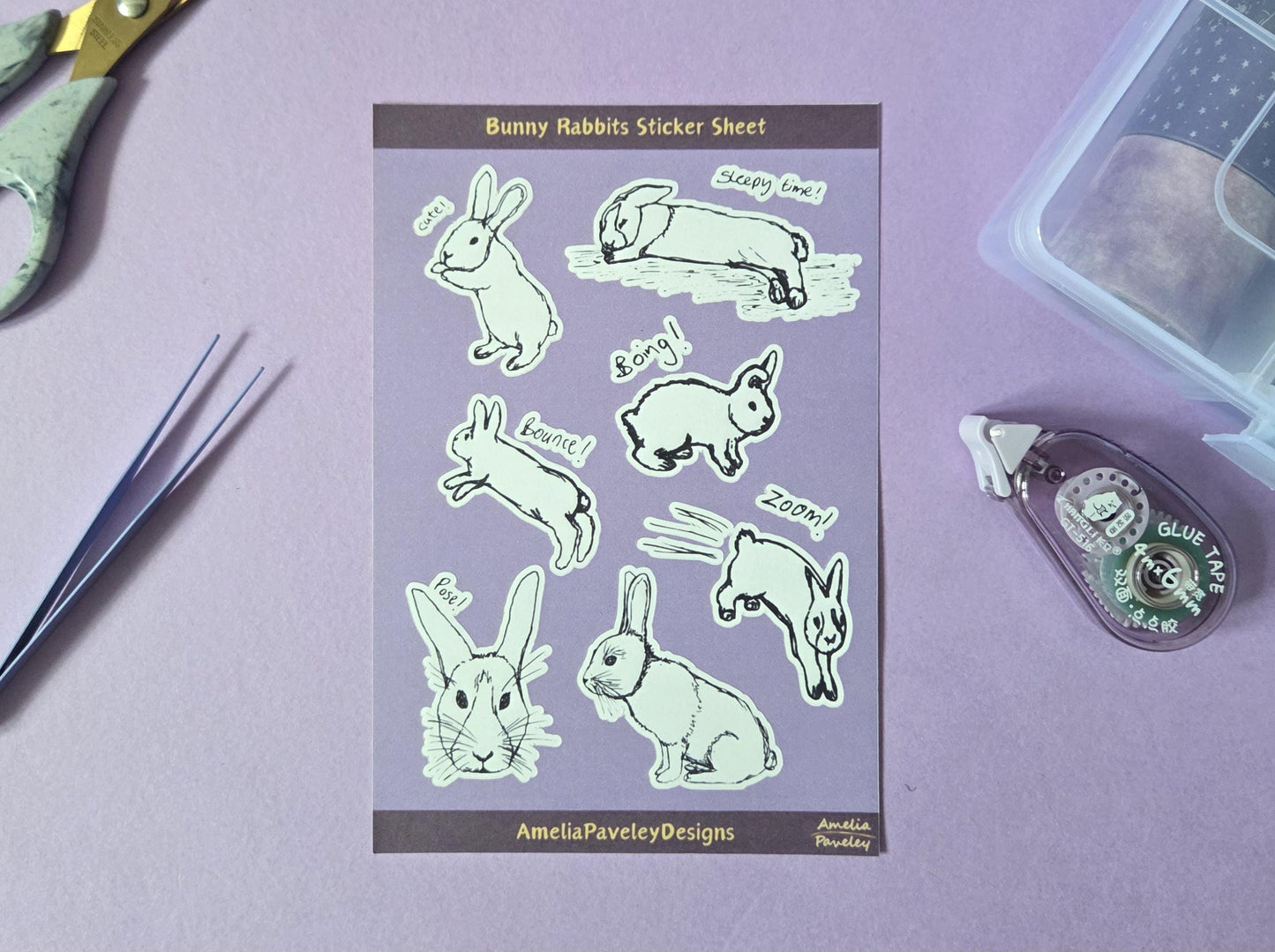 Bunny Rabbit Sticker Sheet – Cute Hand-Drawn Bunny Stickers for Journaling, Scrapbooking, Laptop, Planner, Animal Lover Gift