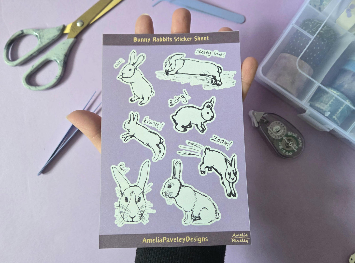 Bunny Rabbit Sticker Sheet – Cute Hand-Drawn Bunny Stickers for Journaling, Scrapbooking, Laptop, Planner, Animal Lover Gift