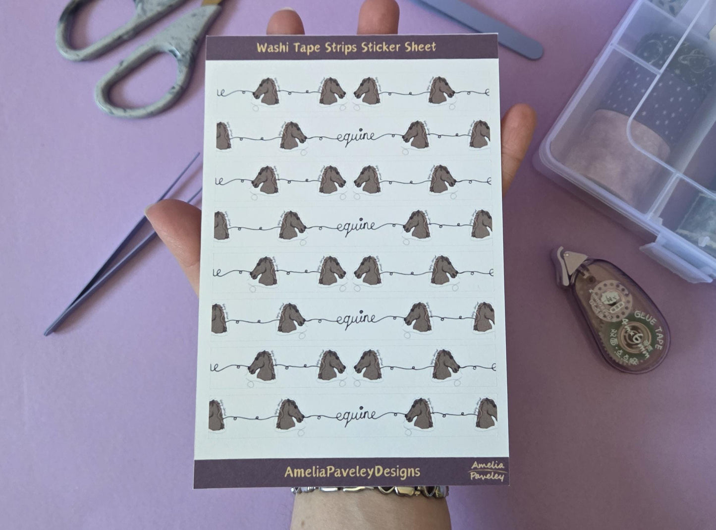 Horse Equine, Washi Tape Pattern Strips Sticker Sheet, Horse Lover, junk journal ephemera, stickers