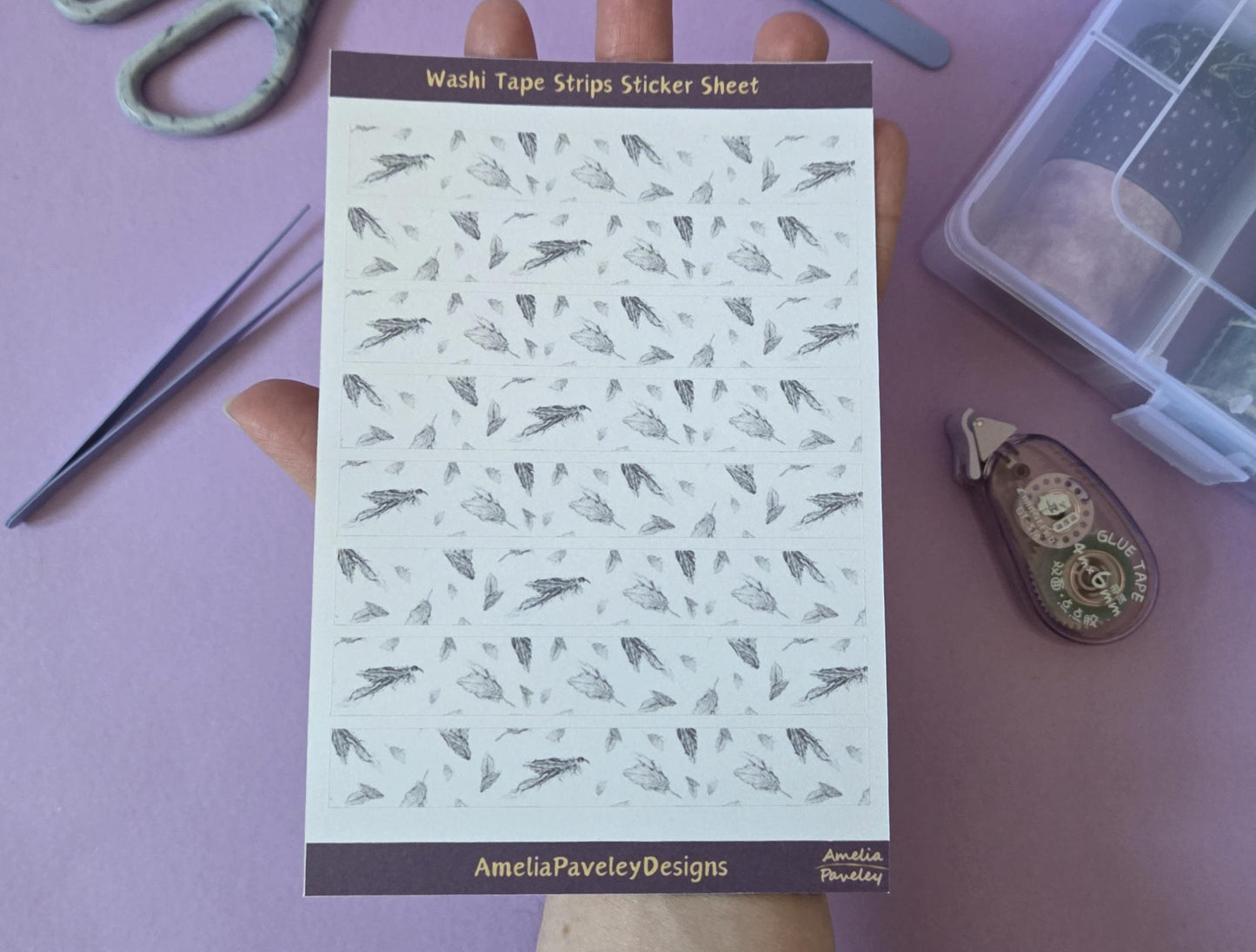 Feathers Dreamy Washi Tape Pattern Strips Sticker Sheet, Feather pattern, junk journal stickers, ethereal journal