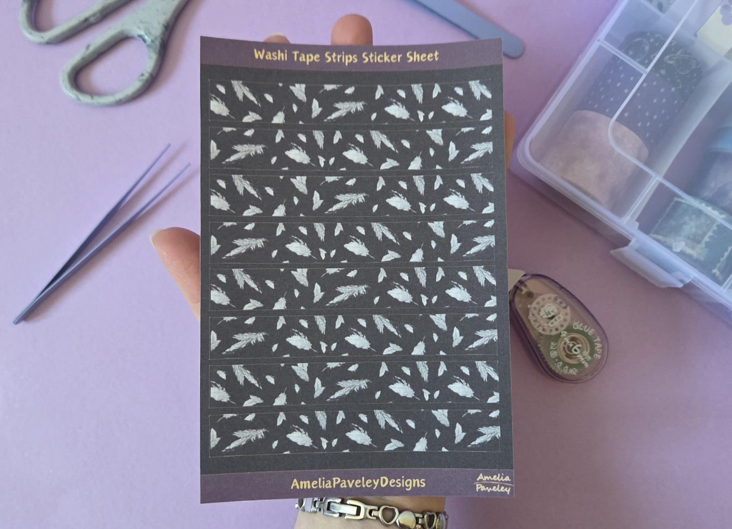 Feathers Dark Dreamy Washi Tape Pattern Strips Sticker Sheet, Feather pattern, junk journal stickers, ethereal journal