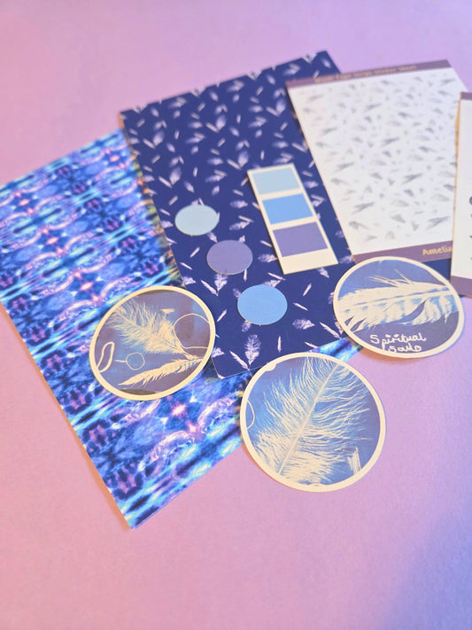 Blue Ethereal Junk Journal Kit | Scrapbooking Starter Kit with Feathers & Wolf Theme | Letterbox Craft Gift