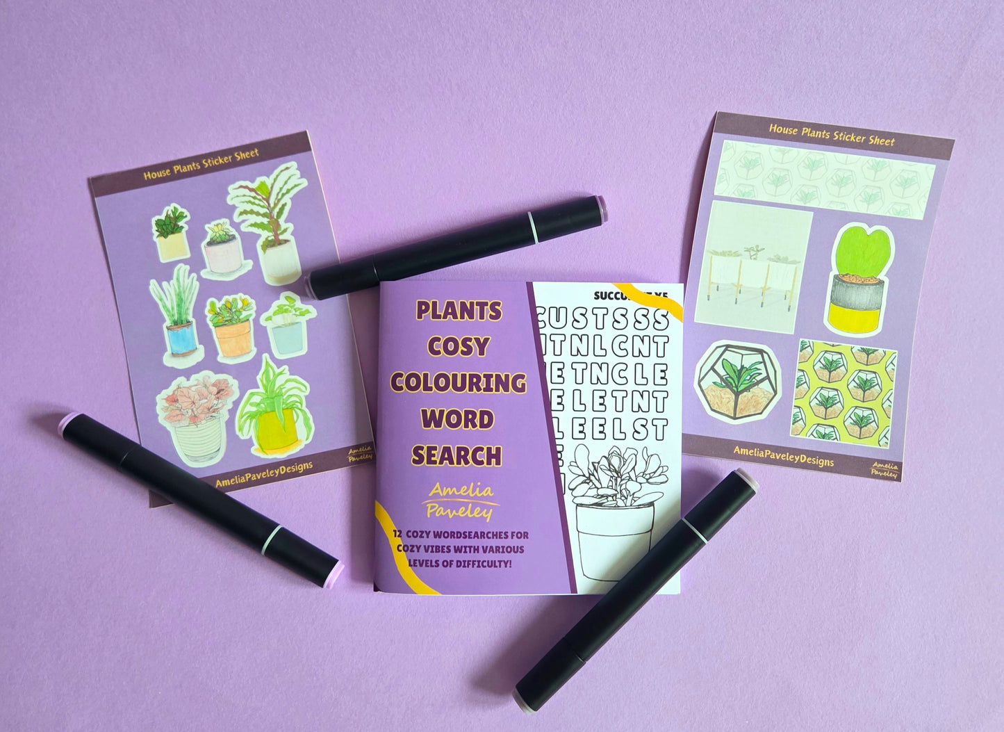 Cozy Plants Activity Bundle – Mini Colouring Word Search Book + 2 House Plant Sticker Sheets | Cute Cottagecore Stationery Gift