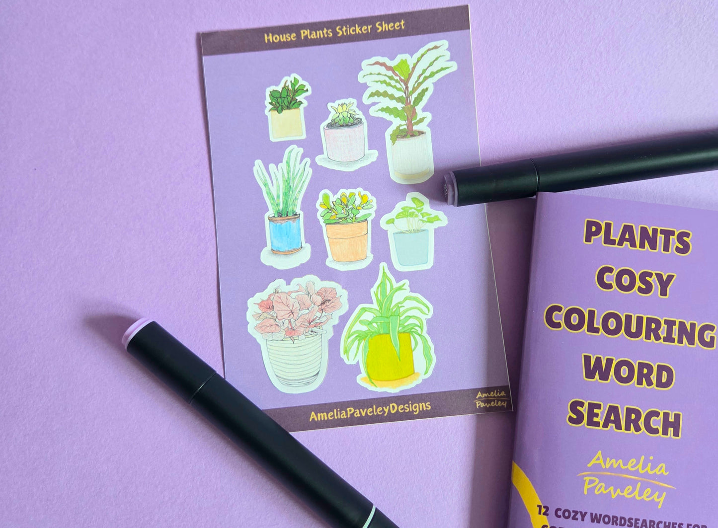 Cozy Plants Activity Bundle – Mini Colouring Word Search Book + 2 House Plant Sticker Sheets | Cute Cottagecore Stationery Gift