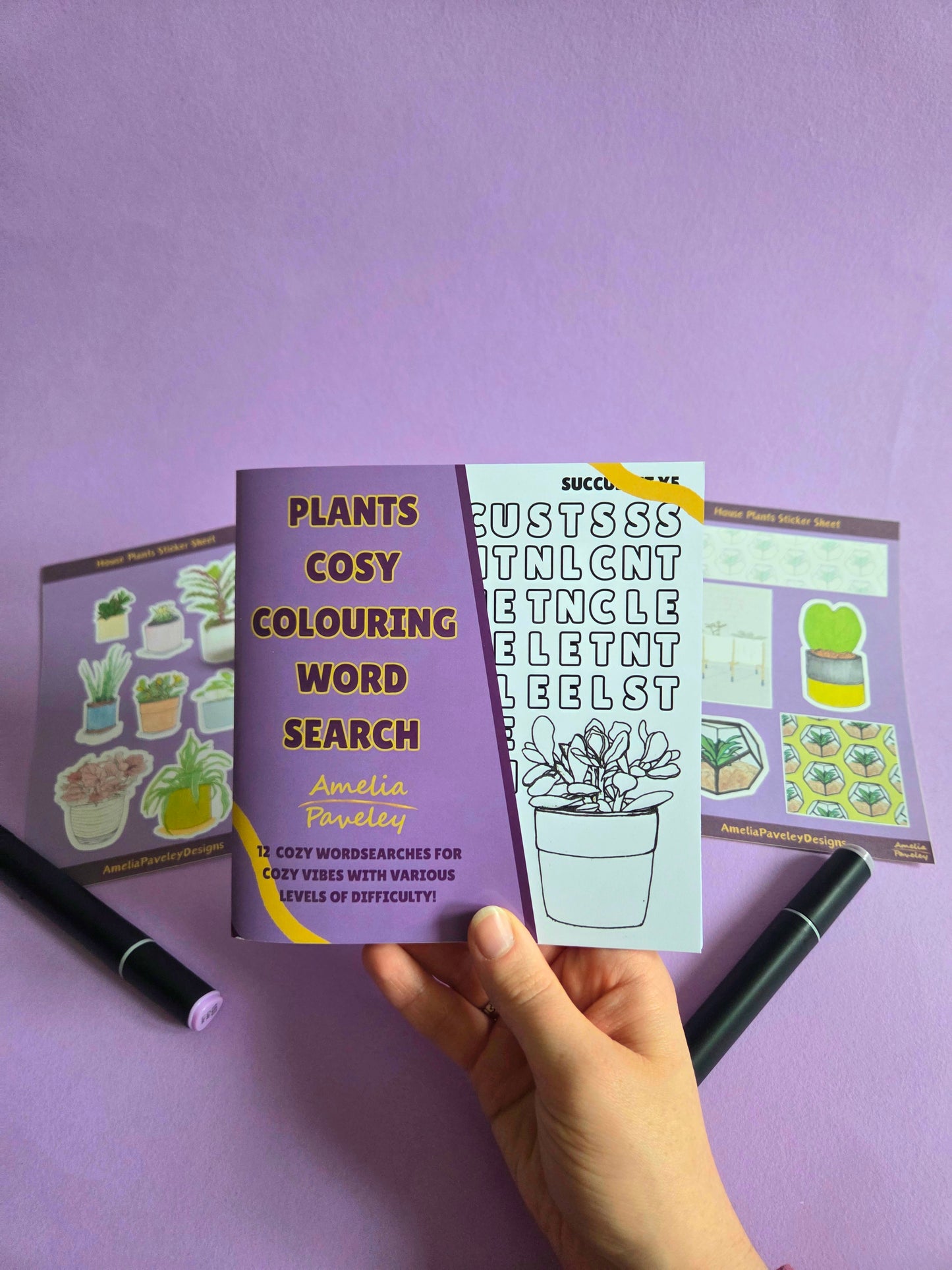 Cozy Plants Activity Bundle – Mini Colouring Word Search Book + 2 House Plant Sticker Sheets | Cute Cottagecore Stationery Gift