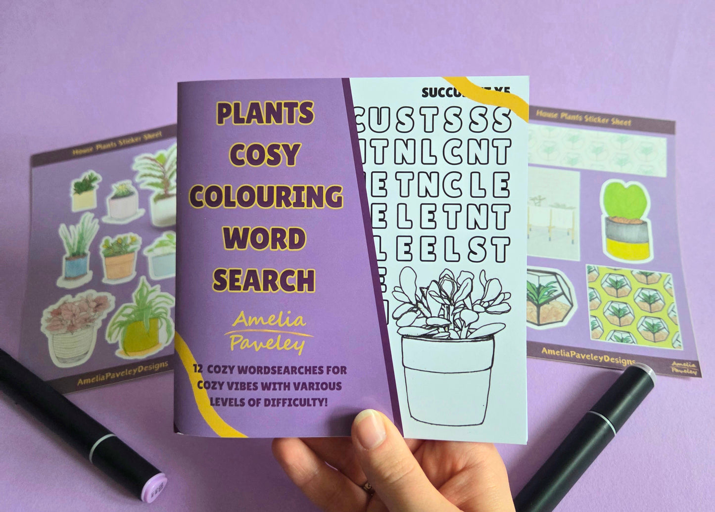 Cozy Plants Activity Bundle – Mini Colouring Word Search Book + 2 House Plant Sticker Sheets | Cute Cottagecore Stationery Gift