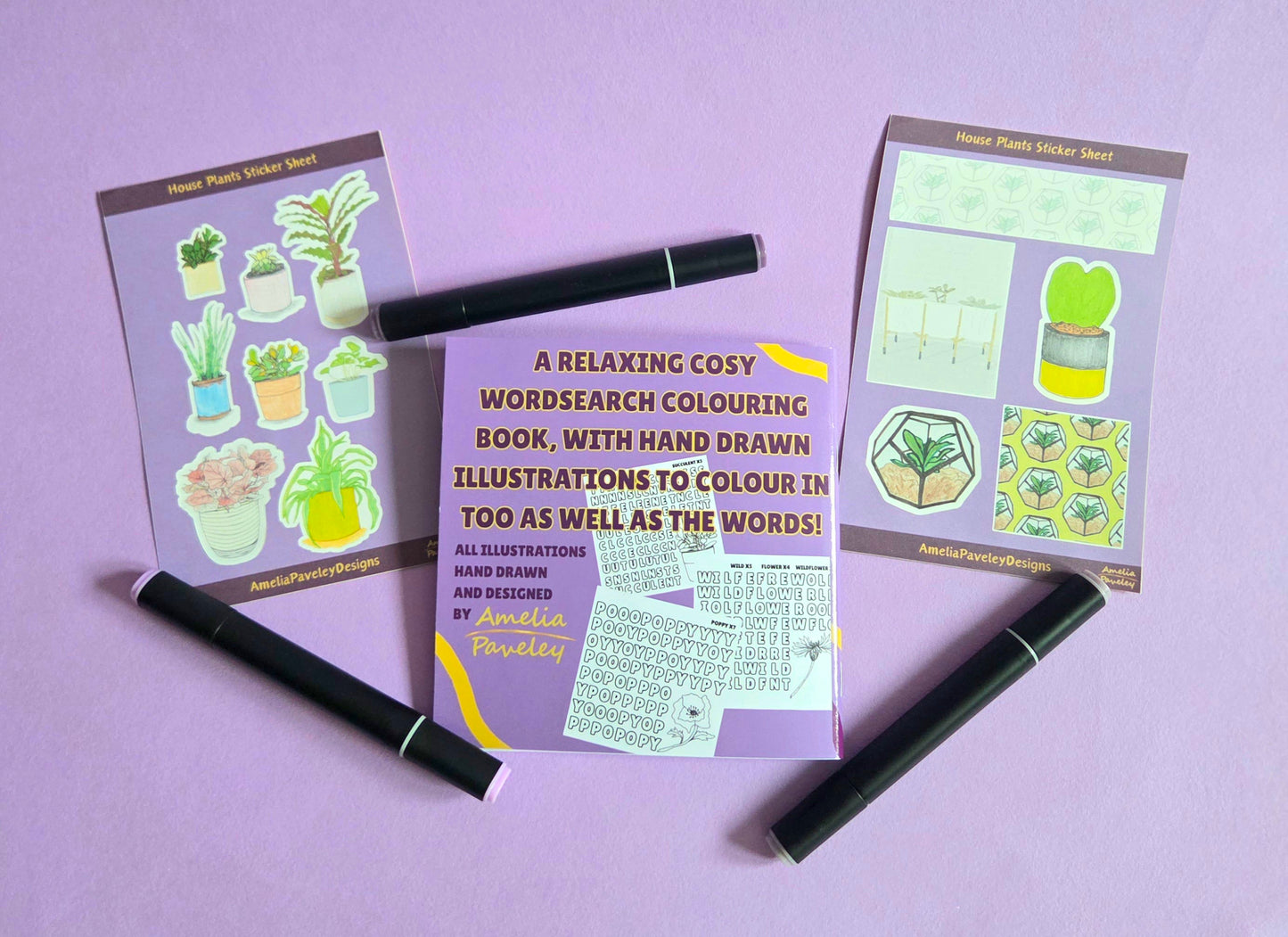 Cozy Plants Activity Bundle – Mini Colouring Word Search Book + 2 House Plant Sticker Sheets | Cute Cottagecore Stationery Gift