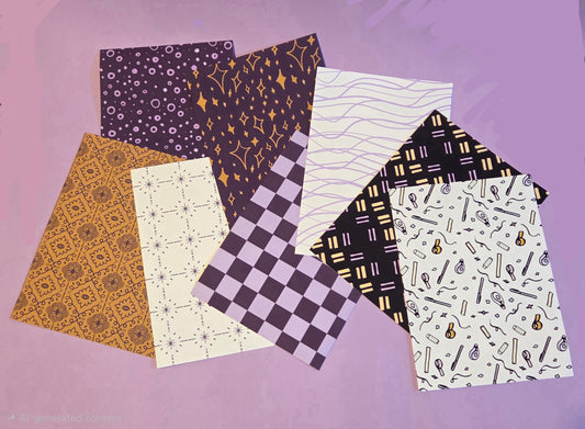 A5 Patterned Craft Paper Pack – Set of 8 Scrapbook & Junk Journal Background Sheets | Exclusive Purple & Gold Designs