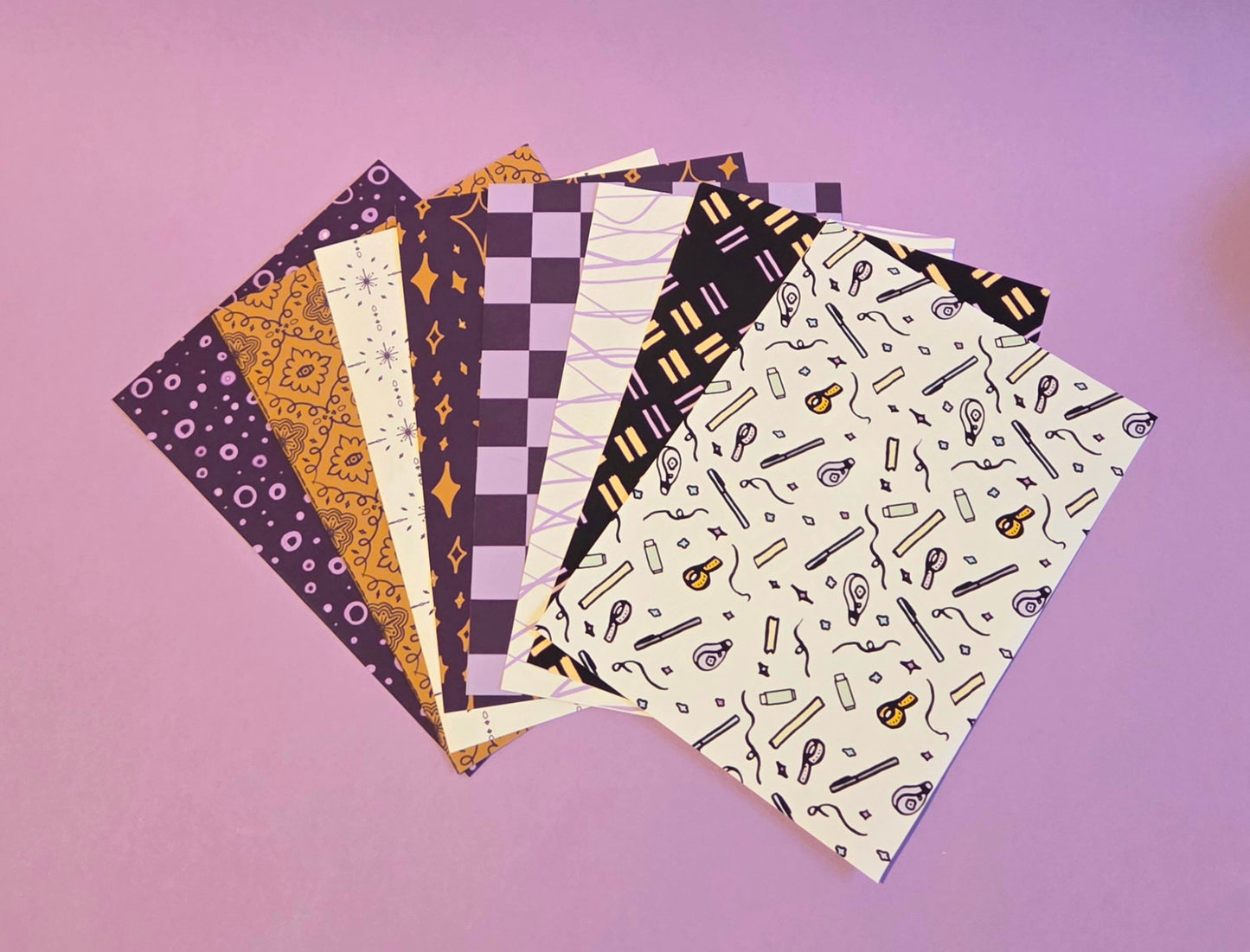 A5 Patterned Craft Paper Pack – Set of 8 Scrapbook & Junk Journal Background Sheets | Exclusive Purple & Gold Designs