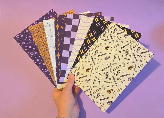 A5 Patterned Craft Paper Pack – Set of 8 Scrapbook & Junk Journal Background Sheets | Exclusive Purple & Gold Designs