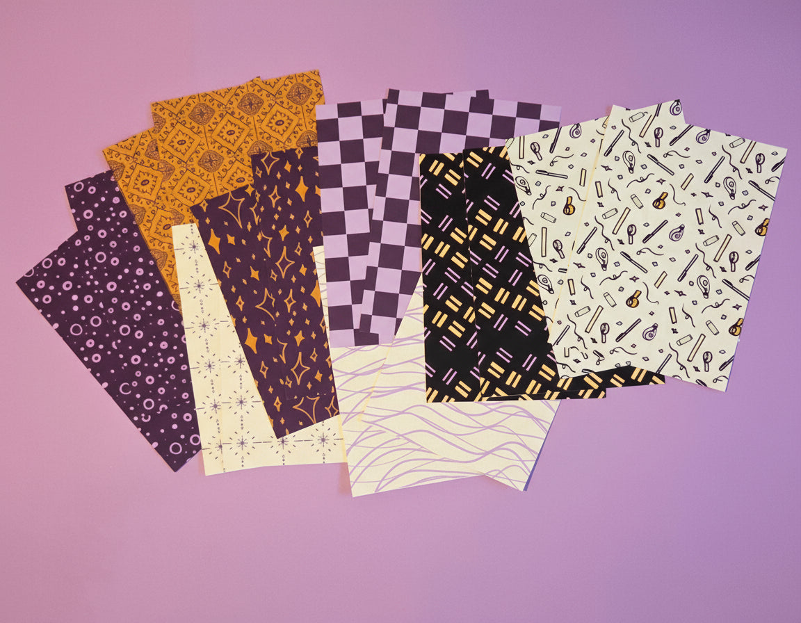 A5 Patterned Craft Paper Super Pack – Set of 16 Scrapbook & Junk Journal Background Sheets | Exclusive Cozy Purple & Gold Designs