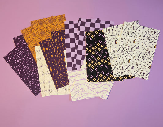 A5 Patterned Craft Paper Super Pack – Set of 16 Scrapbook & Junk Journal Background Sheets | Exclusive Cozy Purple & Gold Designs