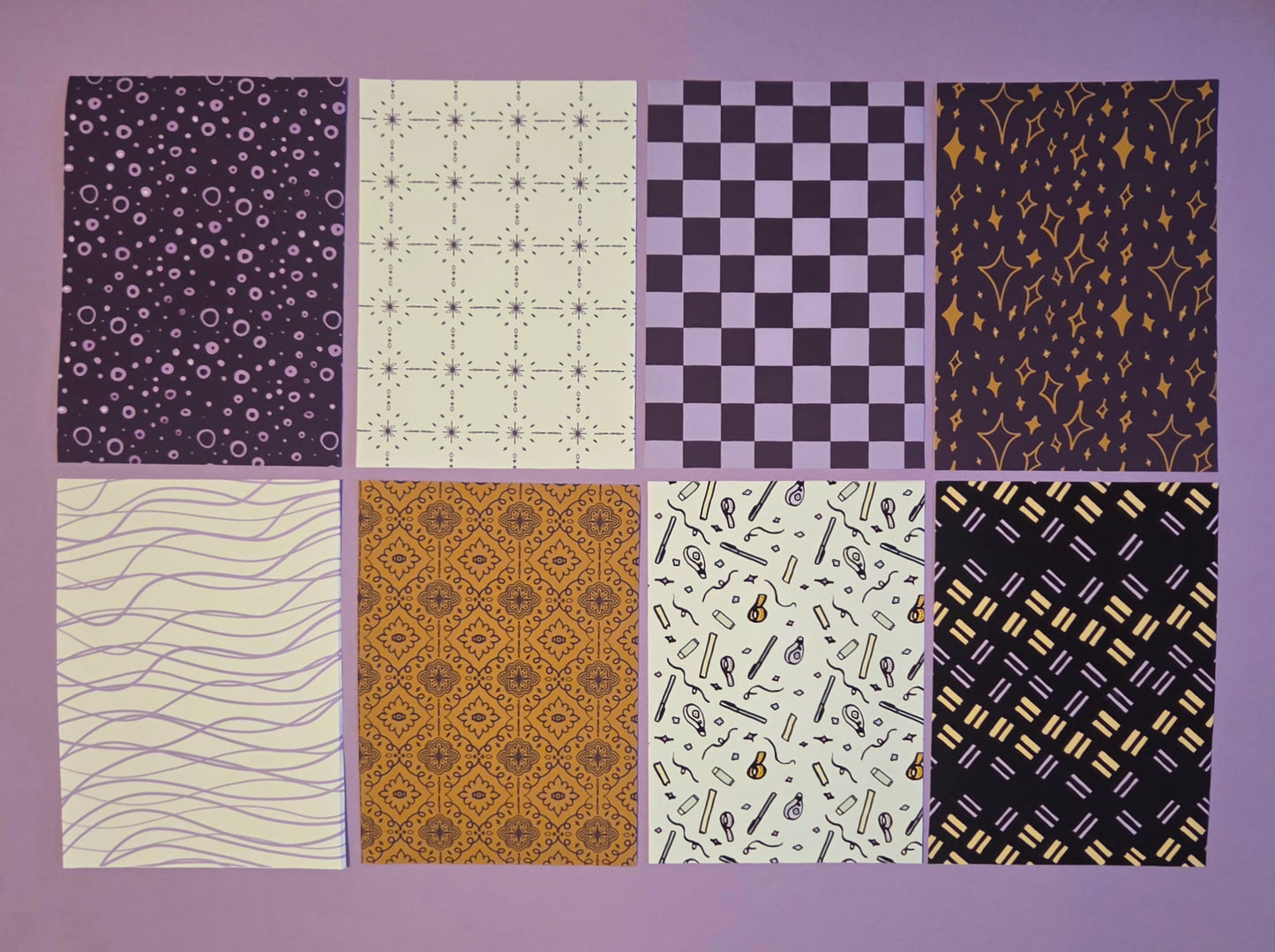 A5 Patterned Craft Paper Super Pack – Set of 16 Scrapbook & Junk Journal Background Sheets | Exclusive Cozy Purple & Gold Designs