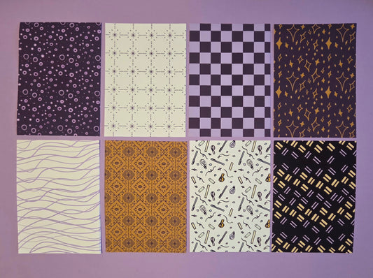 A5 Patterned Craft Paper Super Pack – Set of 16 Scrapbook & Junk Journal Background Sheets | Exclusive Cozy Purple & Gold Designs