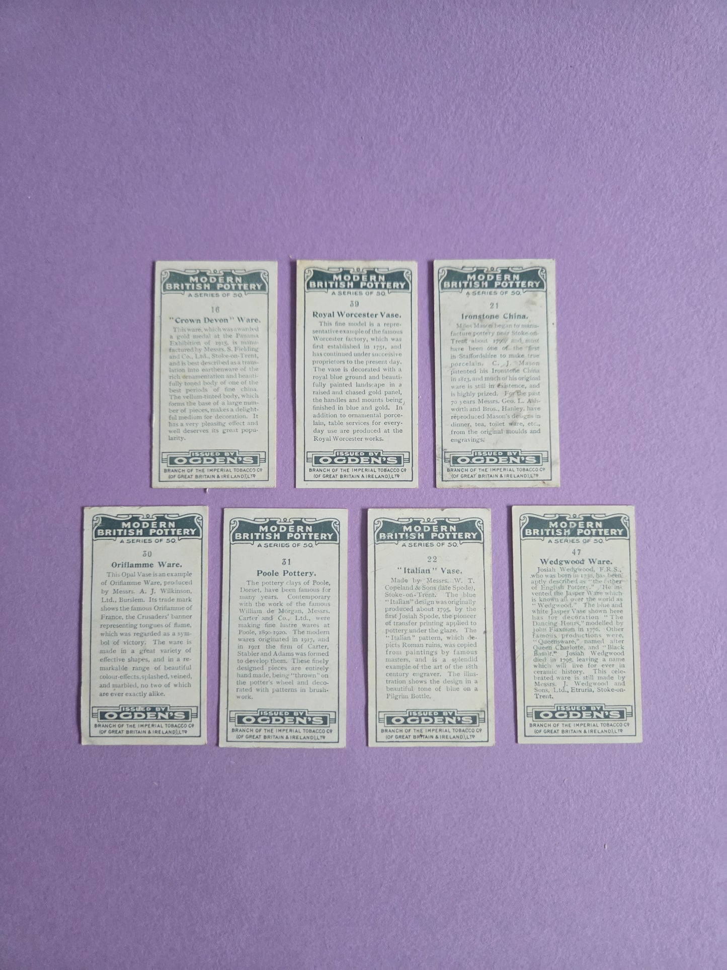 Modern British Pottery Cigarette Tea Cards Bundle 1 – Vintage Collectible Ogden’s Tea Cards for Junk Journals & Scrapbooks