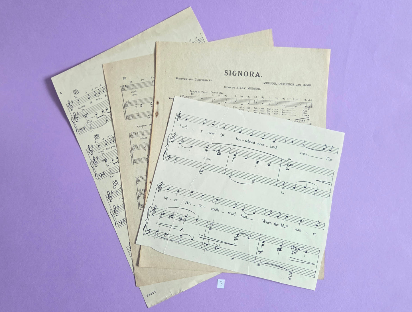 Set of 4 SIGNORA Large Vintage Music Sheet Ephemera Bundle – Set of 5 Authentic Hymn & Sheet Music Pages | Antique Paper for Junk Journals, Scrapbooking, Collage & Craft Projects | Limited Edition (SET 2)