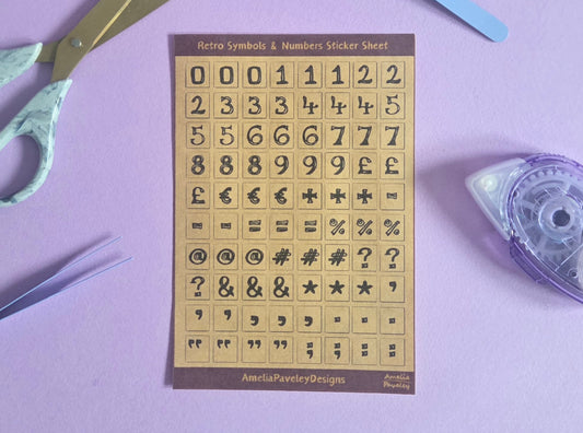 Brown Kraft Retro Numbers & Symbols Sticker Sheet | Vintage Style Letter Stickers for Junk Journaling, Scrapbooking, Planners & Paper Crafts