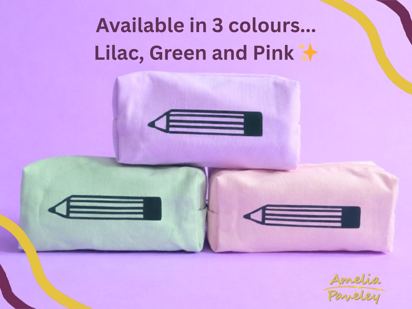 Lilac Cotton Pencil Case with Hand Drawn Pencil Design | Cute Stationery Pouch for Junk Journaling, Scrapbooking & Craft Supplies