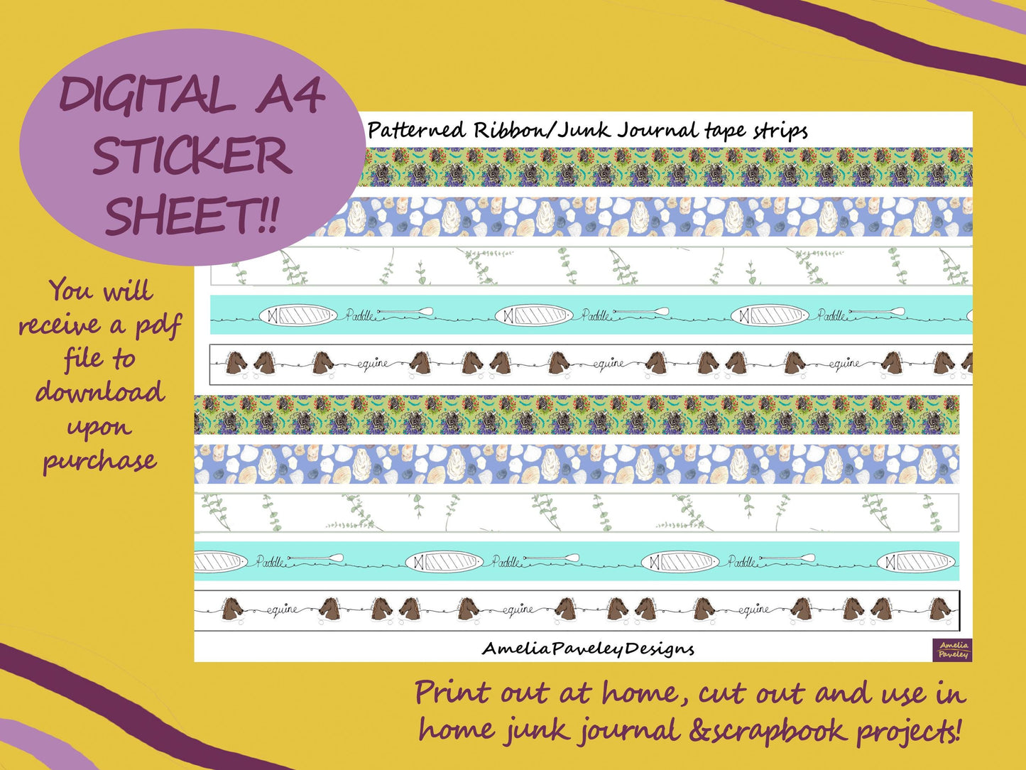 Patterned Washi Tape A4 Digital Sticker Sheet, Printable Ephemera, Digital download, Scrapbooking stickers, Junk journal digital washi tapes