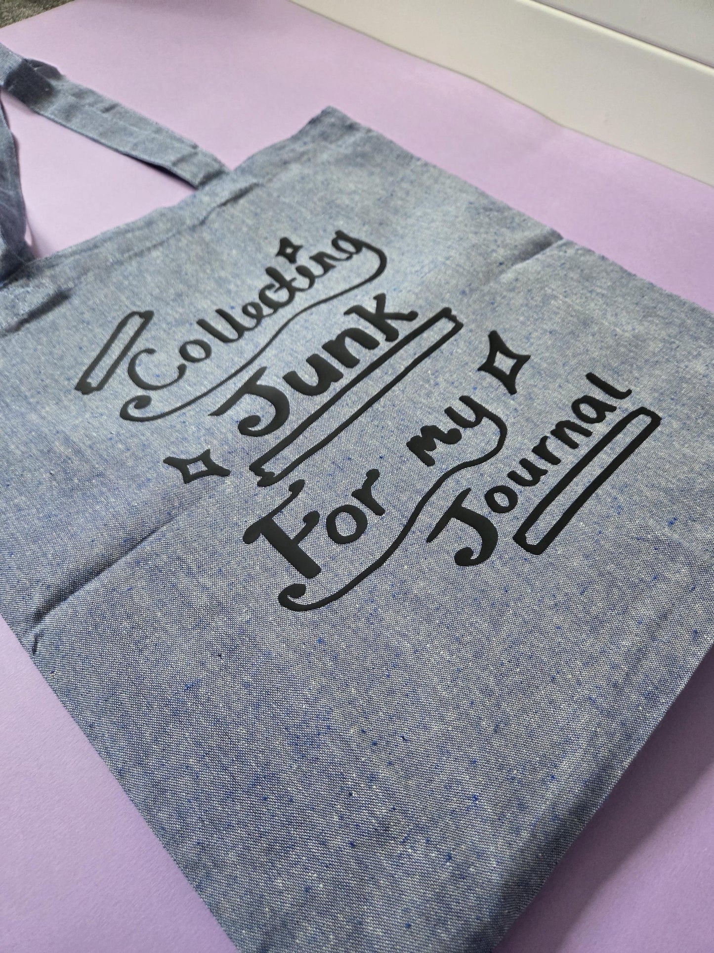 Collecting Junk For My Junk Journal Tote Bag - Memory Collector, Journalling Bag, Crafty Tote, Scrapbook Travel Storage, Blue Cotton Tote