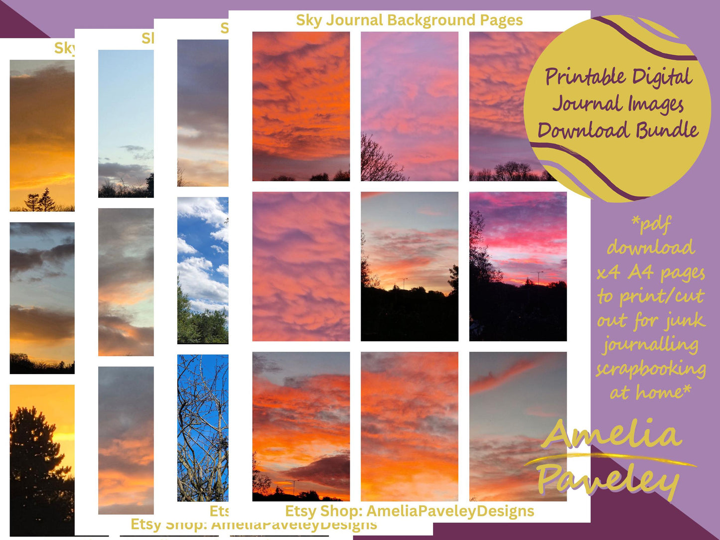 Sky Junk Journal Kit Printable Ephemera, Digital download, Scrapbooking Paper, Printable Nature Images, Pink Blue Yellow Sky Collage Sheets