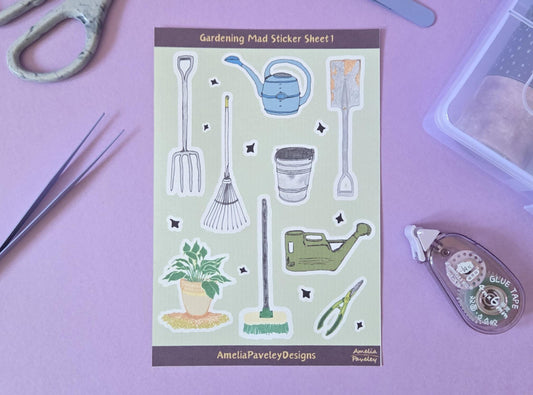 Gardening Tools Sticker Sheet: Hand-Drawn Journal Stickers