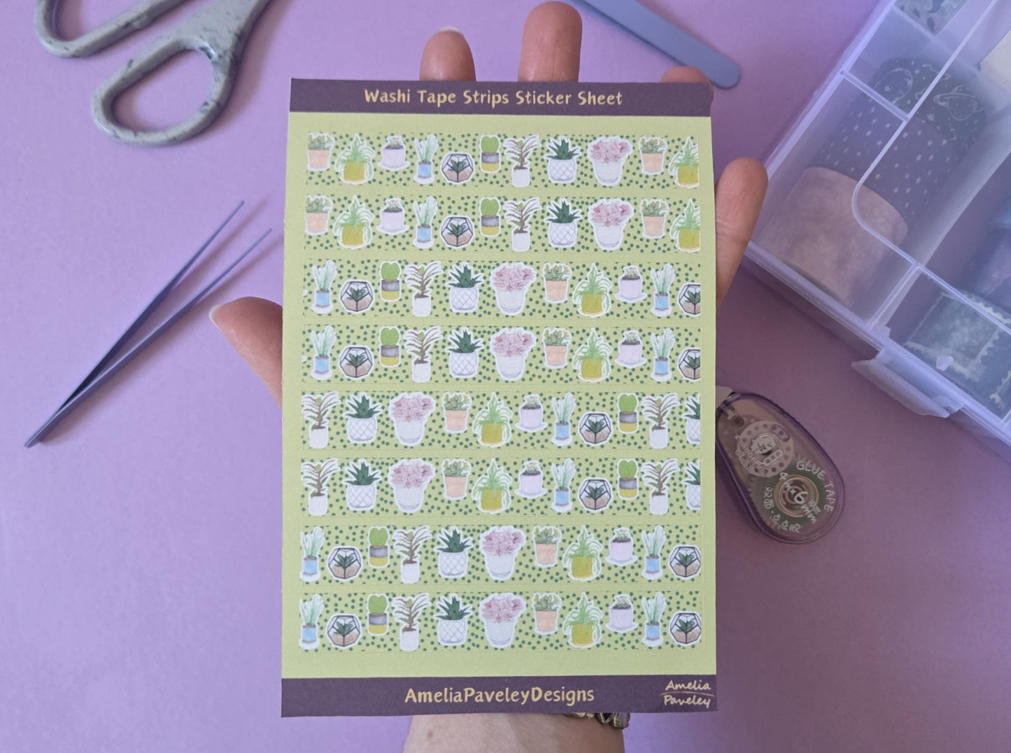 Plant Pattern Washi Tape Strips, Sticker Sheet, Tiny Potted Plants, House Plant Washi, Plant Lover, Journaling Craft Tape, Paper Tape
