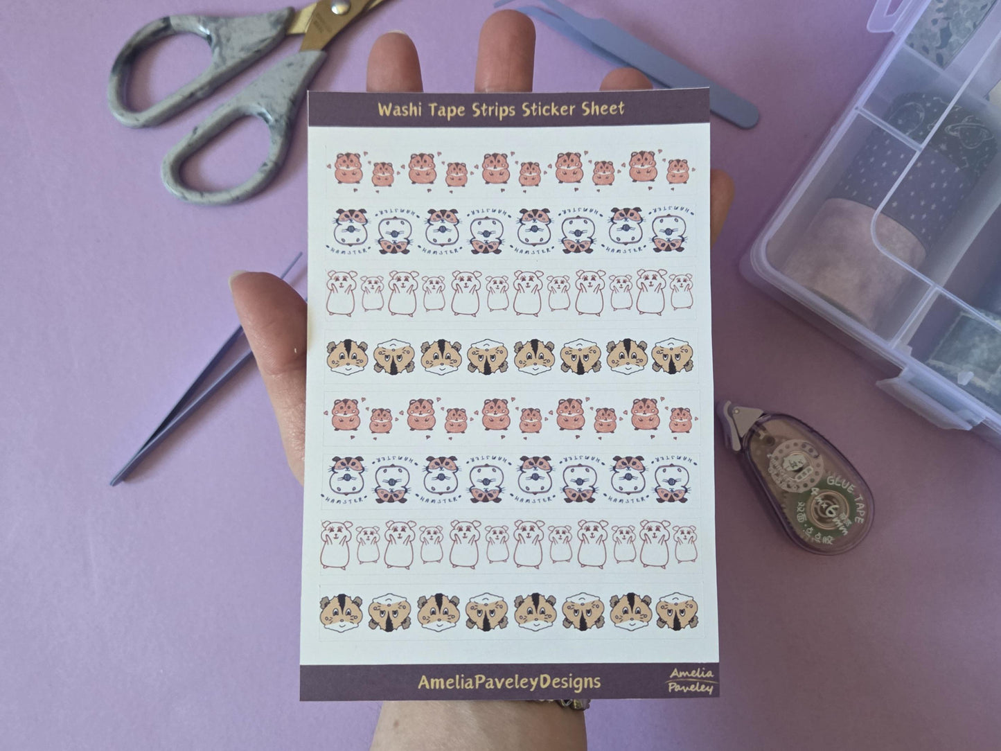 Hamster Washi Tape Pattern, Washi Tape Strips, Sticker Sheet, Chibi hamster, guineapig, bujo stationery tape, hamster junk journal washi