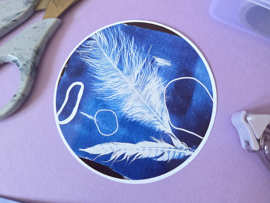 Cyanotype Feather Circle Sticker– Blue Botanical Art Sticker, Vintage Nature Aesthetic, Scrapbooking & Journaling Ephemera, Boho