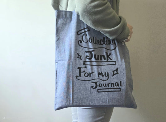 Collecting Junk For My Junk Journal Tote Bag - Memory Collector, Journalling Bag, Crafty Tote, Scrapbook Travel Storage, Blue Cotton Tote