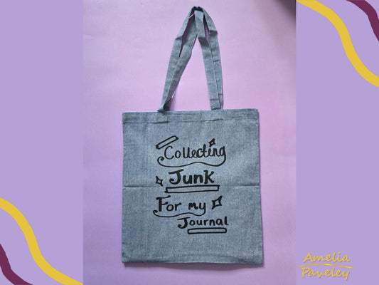 Collecting Junk For My Junk Journal Tote Bag - Memory Collector, Journalling Bag, Crafty Tote, Scrapbook Travel Storage, Blue Cotton Tote