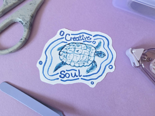 Creative Soul Turtle Sticker – Hand Drawn Die Cut Vinyl Sticker, Ocean Animal Aesthetic, Motivational Quote Decal for Laptops, Junk Journals