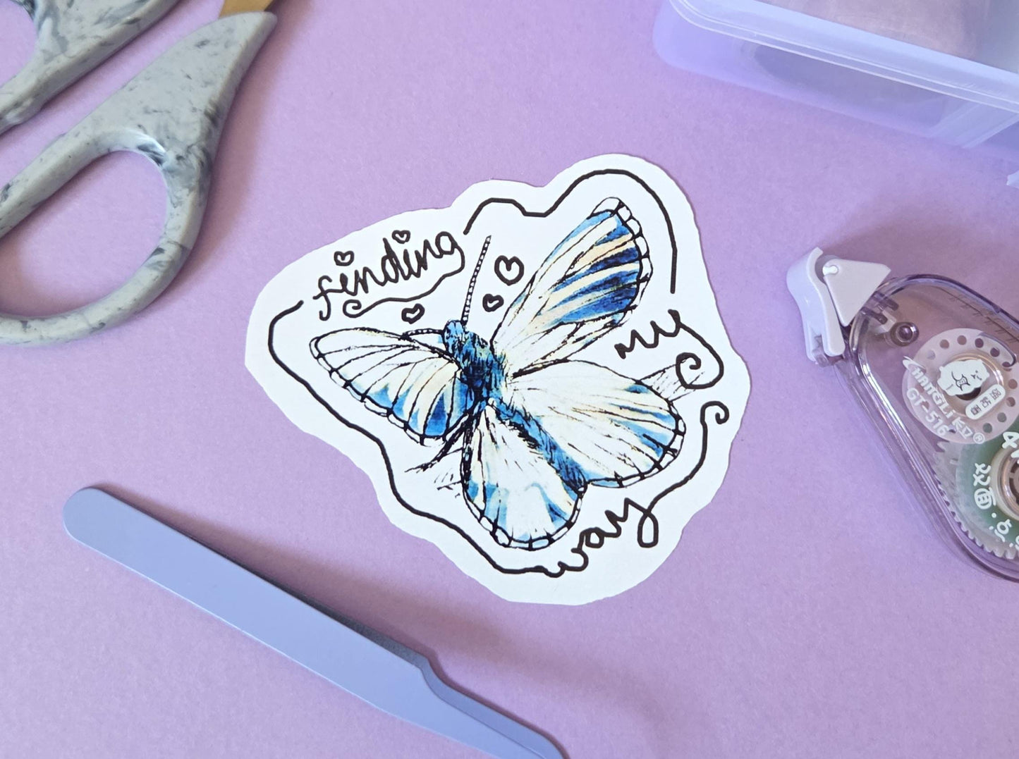 Finding My Way Butterfly Sticker – Inspirational Die Cut Vinyl Sticker, Blue Watercolor Aesthetic, Self Discovery Quote, Laptop Water Bottle