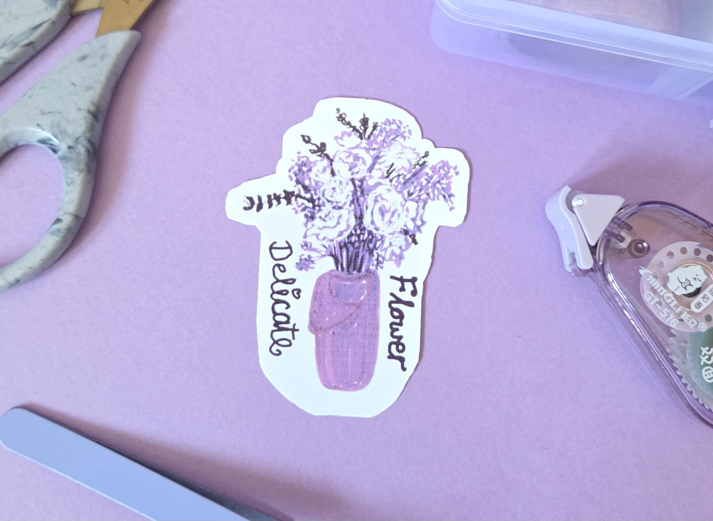 Delicate Flower Die Cut Sticker – Purple Floral Bouquet Vinyl Sticker, Aesthetic Botanical Waterproof Sticker for Journals, Laptops, Phones