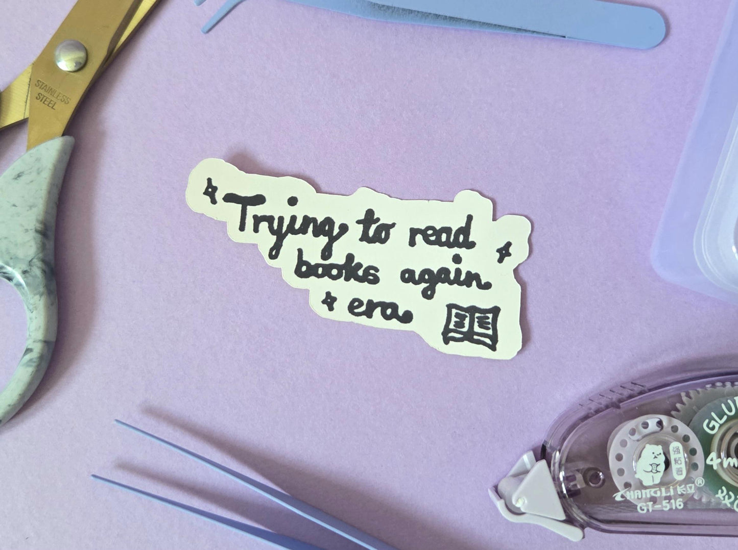 Trying to Read Books Again Era Sticker – Cute Die Cut Vinyl Sticker for Book Lovers, Readers, Journaling, Laptop, Kindle, Reading Motivation
