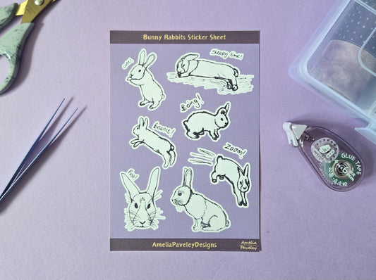Bunny Rabbit Sticker Sheet – Cute Hand-Drawn Bunny Stickers for Journaling, Scrapbooking, Laptop, Planner, Animal Lover Gift