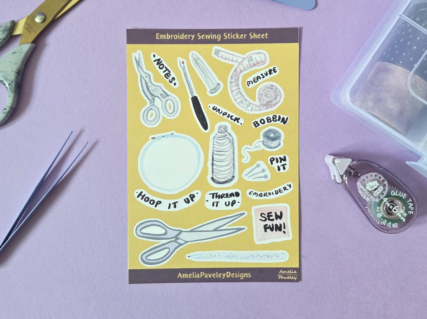 Hand Drawn Embroidery Tools Sticker Sheet: Sewing Scrapbook Stickers