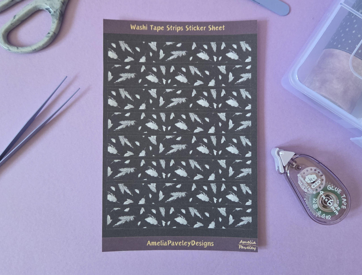 Feathers Dark Dreamy Washi Tape Pattern Strips Sticker Sheet, Feather pattern, junk journal stickers, ethereal journal
