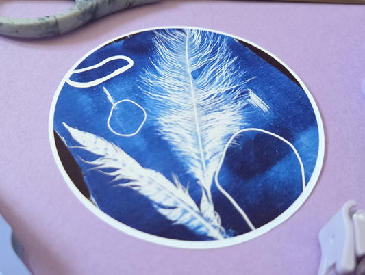 Cyanotype Feather Circle Sticker– Blue Botanical Art Sticker, Vintage Nature Aesthetic, Scrapbooking & Journaling Ephemera, Boho