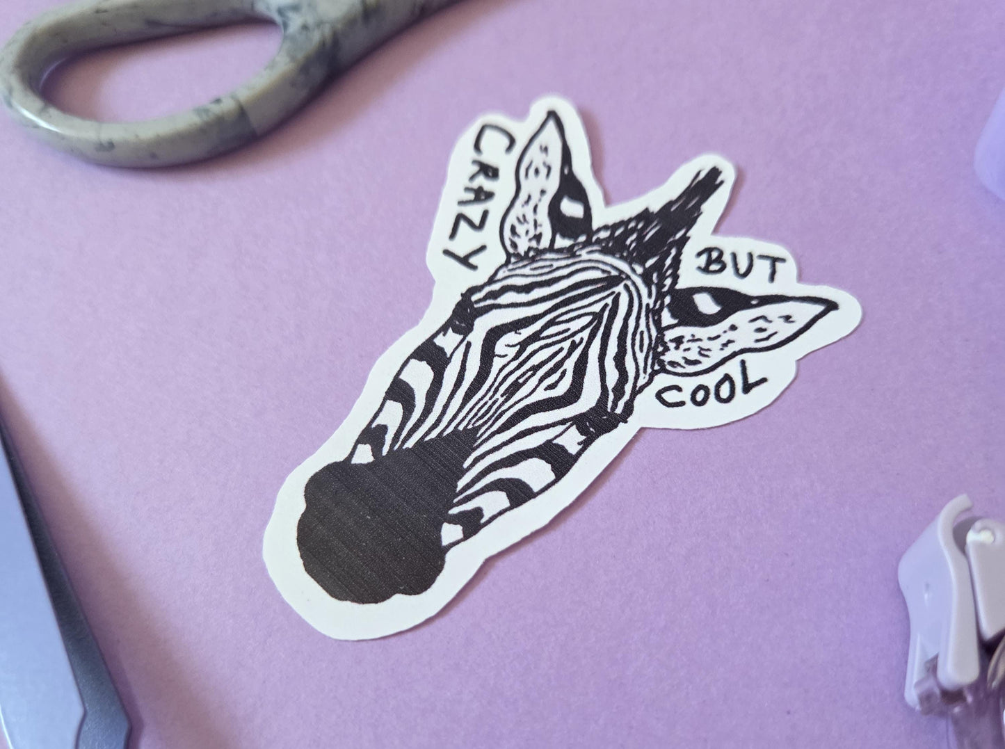 Crazy But Cool Zebra Sticker – Funny Animal Die Cut Vinyl Sticker, Black and White Art Decal, Quirky Laptop Sticker, Indie Aesthetic Gift
