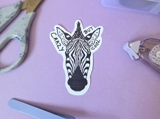 Crazy But Cool Zebra Sticker – Funny Animal Die Cut Vinyl Sticker, Black and White Art Decal, Quirky Laptop Sticker, Indie Aesthetic Gift