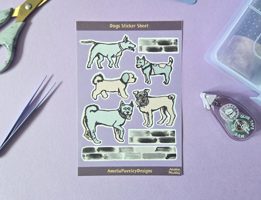 Dogs Sticker Sheet | Hand Drawn Dog Stickers, Cute Dog Planner Stickers, Scrapbooking Supplies, Stationery Gift for Dog Lovers