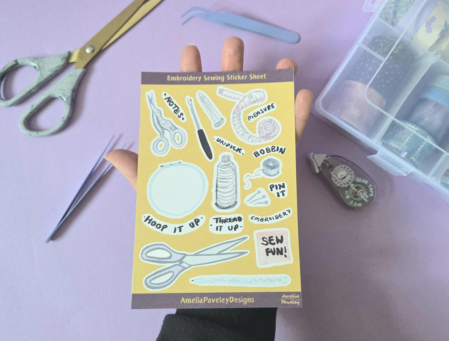 Hand Drawn Embroidery Tools Sticker Sheet: Sewing Scrapbook Stickers